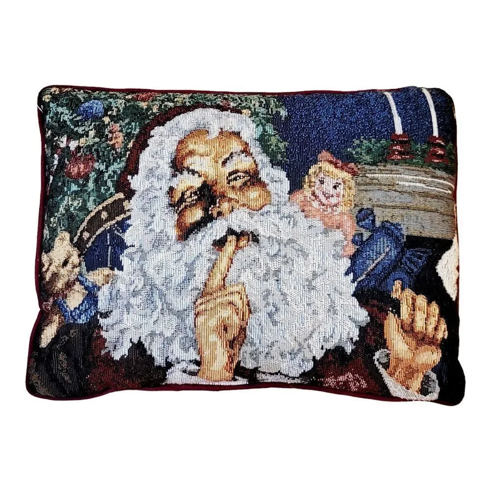 Vintage Santa Claus Doll Teddy Bear Needlepoint Christmas Throw Pillow Tapestry
